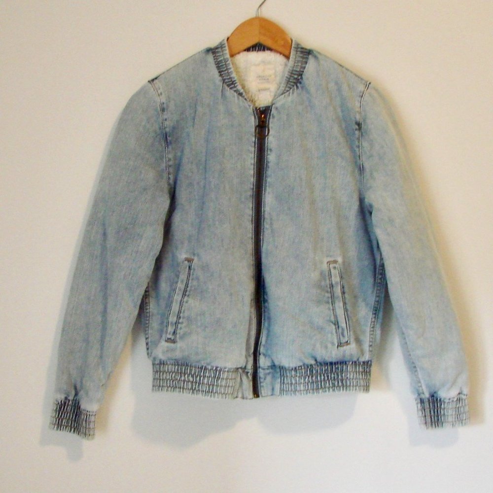 American Eagle Denim Faux Fur Lined Bomber Jacket Size Small